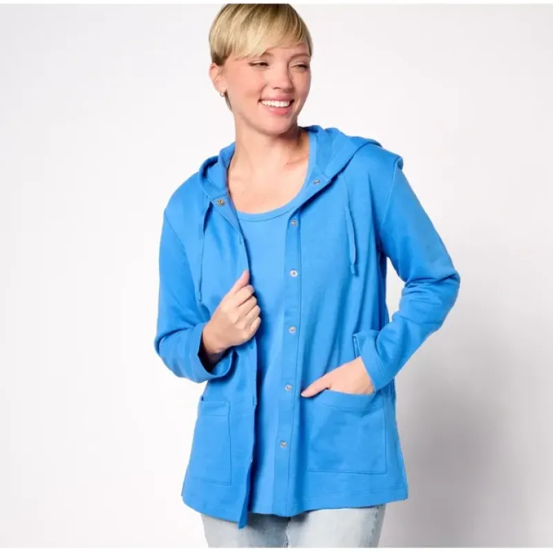 Susan Graver Weekend Marina Knit Snap Front Hoodie Jacket - a world of fashionable women's clothing, including a wide selection of dresses and trendy accessories.< Shop All