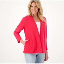 Susan Graver Weekend Marina Knit Cardigan with Eyelet Detail - a world of fashionable women's clothing, including a wide selection of dresses and trendy accessories.< Shop All