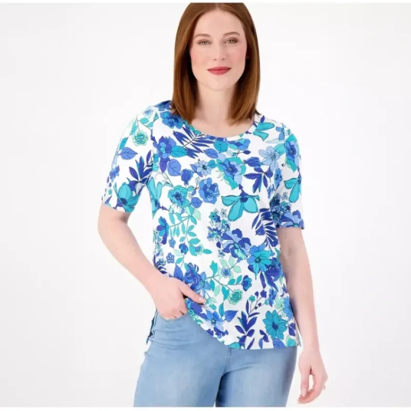 Susan Graver Weekend Printed Cotton Elbow-Sleeve Scoop-Neck Tee - a world of fashionable women's clothing, including a wide selection of dresses and trendy accessories.< Shop All