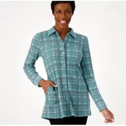 Susan Graver Weekend Regular Printed Brushed Waffle Knit Shirt - a world of fashionable women's clothing, including a wide selection of dresses and trendy accessories.< Shop All