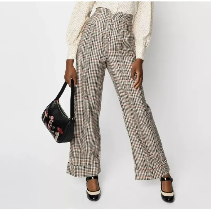 Unique Vintage Ivory Houndstooth Exposed Button Wide Leg Trous - a world of fashionable women's clothing, including a wide selection of dresses and trendy accessories.< Fashion