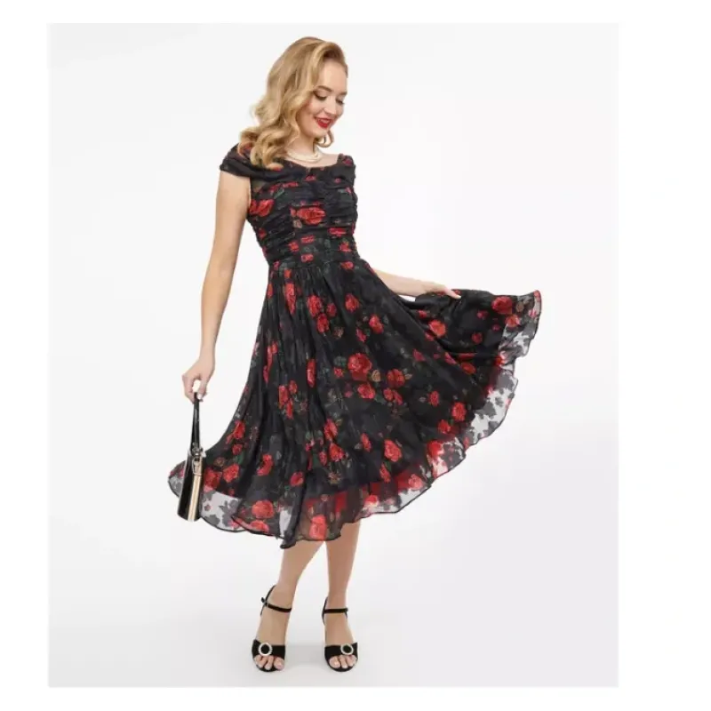 Unique Vintage Off the Shoulder Draped Swing Dress - a world of fashionable women's clothing, including a wide selection of dresses and trendy accessories.< Dresses