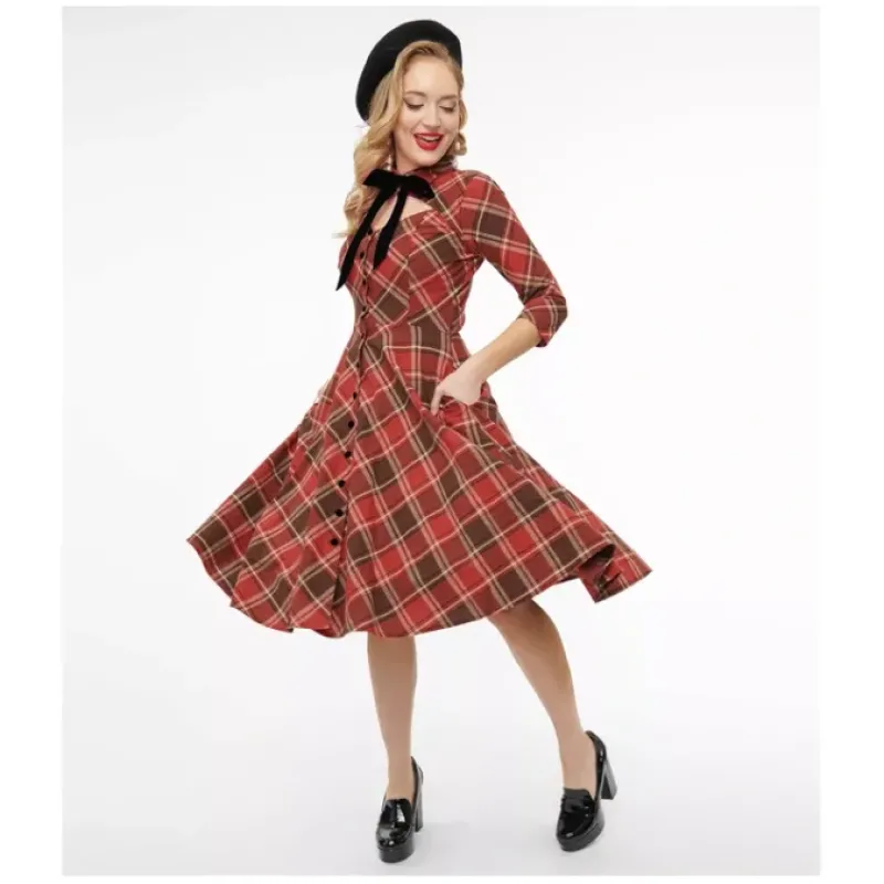 Unique Vintage Plaid Sweetheart Swing Dress with 3/4 Sleeves - a world of fashionable women's clothing, including a wide selection of dresses and trendy accessories.< Dresses