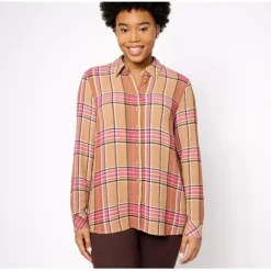 Waffle Weave Petite Button Front Plaid Shirt - a world of fashionable women's clothing, including a wide selection of dresses and trendy accessories.< Fashion