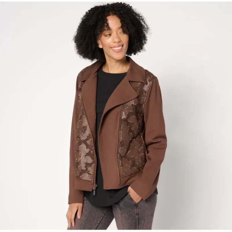 Women with Control Ponte Royal And Lace Moto Jacket - a world of fashionable women's clothing, including a wide selection of dresses and trendy accessories.< Shop All