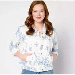 Destination 365 Eyelet Denim Jacket with Pockets - a world of fashionable women's clothing, including a wide selection of dresses and trendy accessories.< Shop All